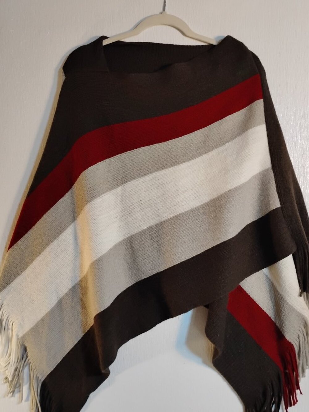 Brown Ivory and Burgundy Striped Poncho Sweater